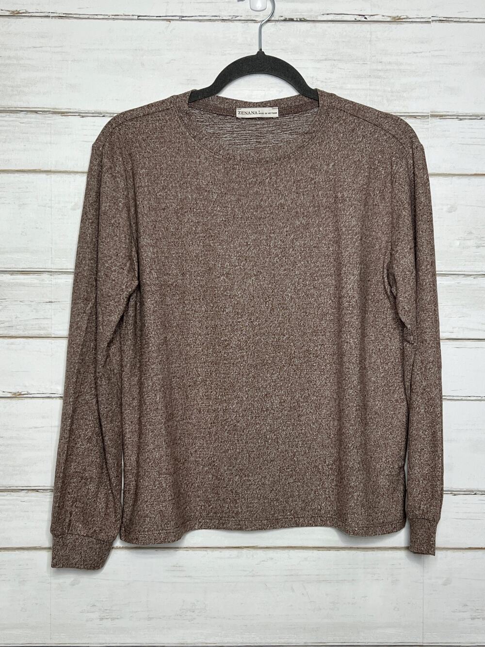 Zenana Heather Brown Small Long Sleeve Knit Top Soft Stretch Crew Neck Casual